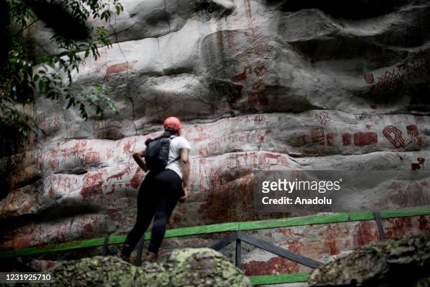 Rock art is seen at el Raudal del guayabero in Guaviare, Colombia, on March 25, 2021. Rock paintings made in South America around 8,000 - 12,000...
