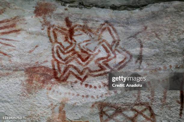 Rock art is seen at el Raudal del guayabero in Guaviare, Colombia, on March 25, 2021. Rock paintings made in South America around 8,000 - 12,000...