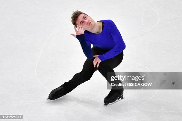 Italy's Matteo Rizzo performs during the men's short programme event at the ISU World Figure Skating Championships in Stockholm on March 25, 2021. -...