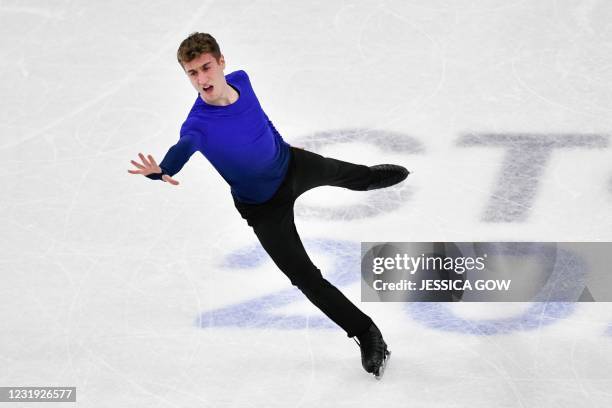Italy's Matteo Rizzo performs during the men's short programme event at the ISU World Figure Skating Championships in Stockholm on March 25, 2021. -...