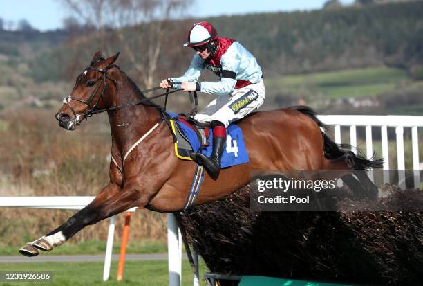 Checkitout ridden by Sam Twiston-Davies goes on to win The Bromfield Sand And Gravel Handicap Chase at Ludlow Racecourse on March 25, 2021 in Ludlow,...