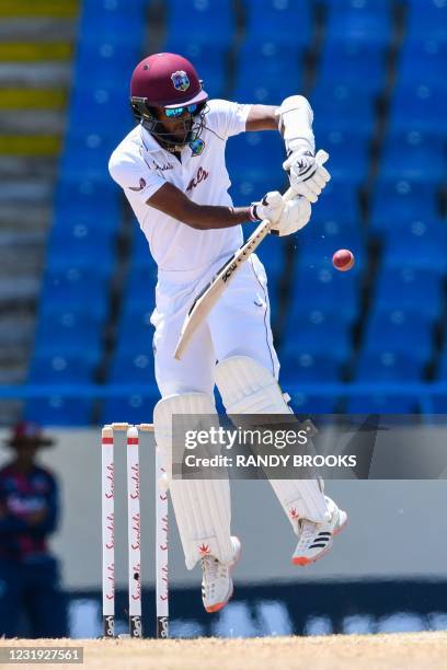 Kraigg Brathwaite of West Indies plays during the 5th and final day of the 1st Test between West Indies and Sri Lanka at Vivian Richards Cricket...
