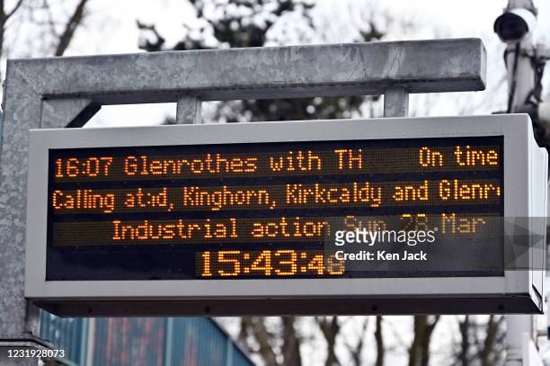 Station information board carries a message about industrial action, as the RMT union announces a series of one-day strikes in a dispute over...