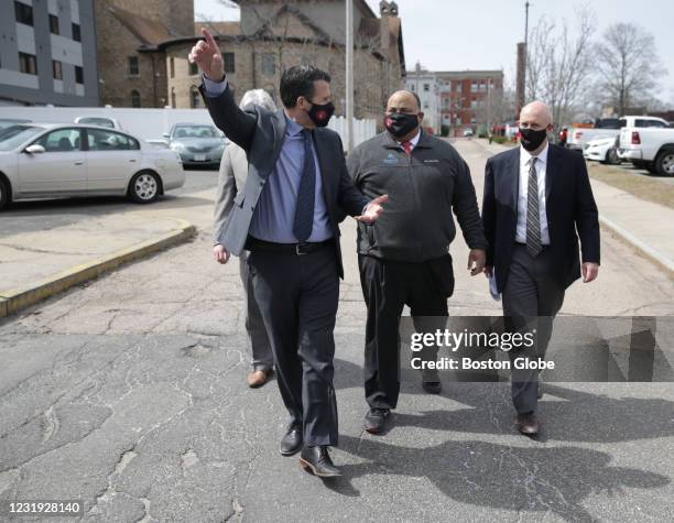 Brockton Mayor Robert Sullivan, left, with Former Lawrence Mayor Dan Rivera, center, who recently was named CEO of the quasi-public MassDevelopment...