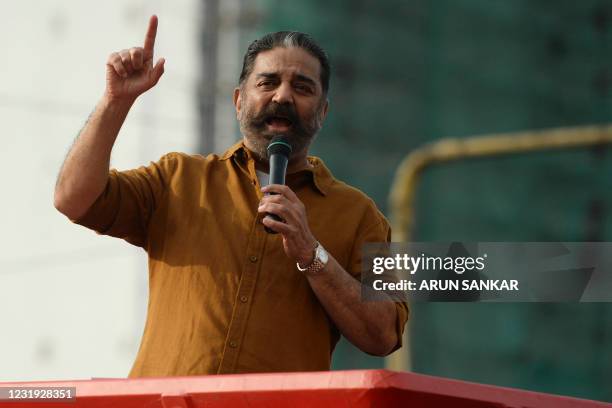 Indian cinema actor and founder of 'Makkal Needhi Mayyam' party Kamal Haasan speaks during election campaign ahead of the Tamil Nadu state...