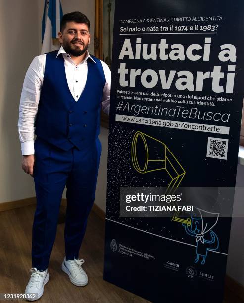 The Italian son of the late football idol Diego Maradona, Diego Armando Maradona Sinagra, known as Diego Junior, poses by a poster of an...