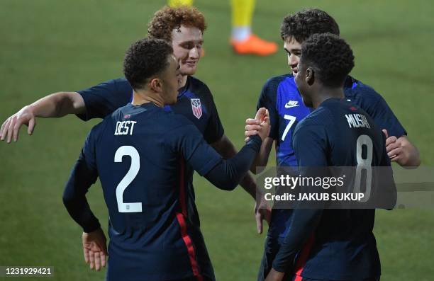 United States' defender Sergino Dest celebrates after scoring the 1-0 during the FIFA World Cup Qatar 2022 friendly preparation football match USA v...