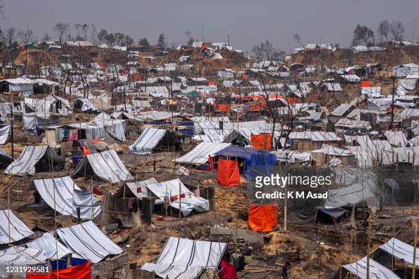 Overview of Rohingya refugee camp after a massive fire broke out 22 March 2021 destroyed thousands of shelters. Fifteen people died and 400 residents...
