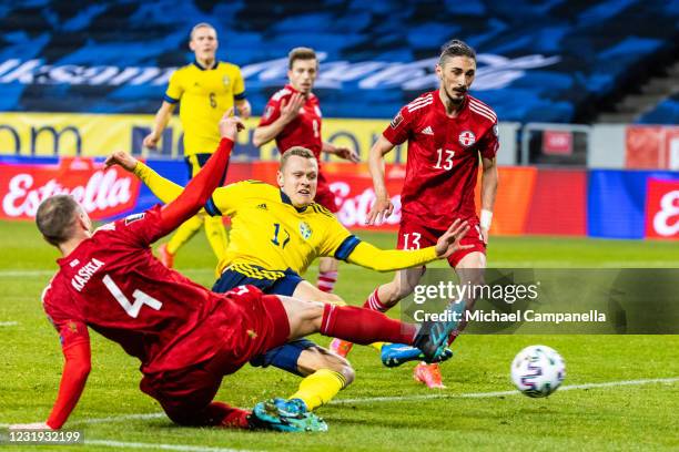 Viktor Claesson of Sweden scores the 1-0 goal during the FIFA World Cup 2022 Qatar qualifying match between Sweden and Georgia on March 25, 2021 in...