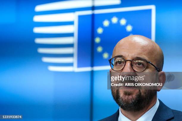 European Council President Charles Michel delivers a joint press conference with the European Commission President at the end of the first day of a...