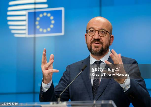 President of the European Council Charles Michel is talking to media at the end of a virtual EU Leader summit in the Justus Lipsius, the EU Council...