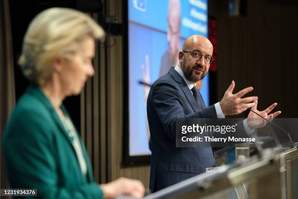 President of the European Commission Ursula von der Leyen and the President of the European Council Charles Michel are talking to media at the end of...