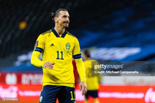 Zlatan Ibrahimovic of Sweden reacts during the FIFA World Cup 2022 Qatar qualifying match between Sweden and Georgia on March 25, 2021 in Stockholm,...