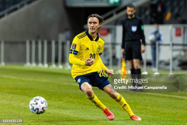 Kristoffer Olsson of Sweden runs with the ball during the FIFA World Cup 2022 Qatar qualifying match between Sweden and Georgia on March 25, 2021 in...