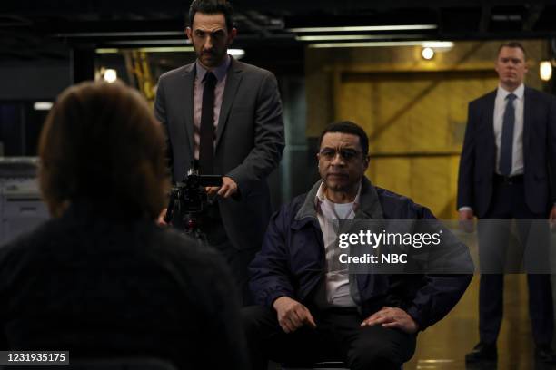 Rakitin " Episode 812 -- Pictured: Amir Arison as Aram Mojtabai, Harry Lennix as Harold Cooper, Diego Klattenhoff as Donald Ressler --