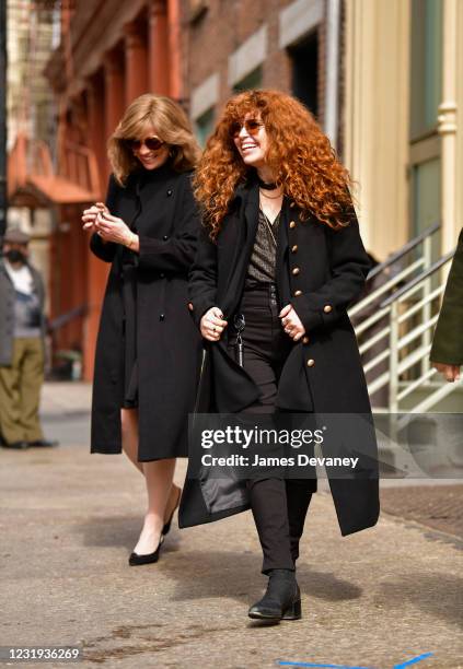 Natasha Lyonne and Annie Murphy seen on the set of "Russian Doll" in SoHo on March 25, 2021 in New York City.