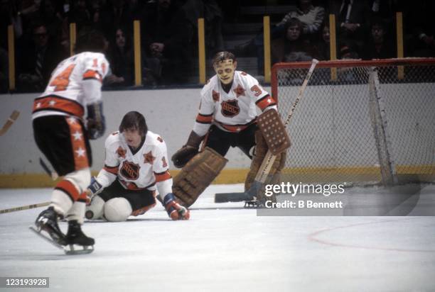 Goalie Gilles Villemure of the New York Rangers and Serge Savard of the Montreal Canadies both from Team East defend the net during the 26th NHL...