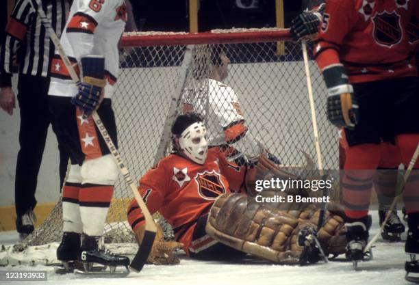 Goalie Tony Esposito of the Chicago Blackhawks and Team West makes the save during the 26th NHL All-Star Game against Team East on January 30, 1973...