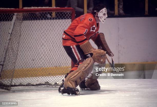 Goalie Tony Esposito of the Chicago Blackhawks and Team West defends the net during the 26th NHL All-Star Game against Team East on January 30, 1973...