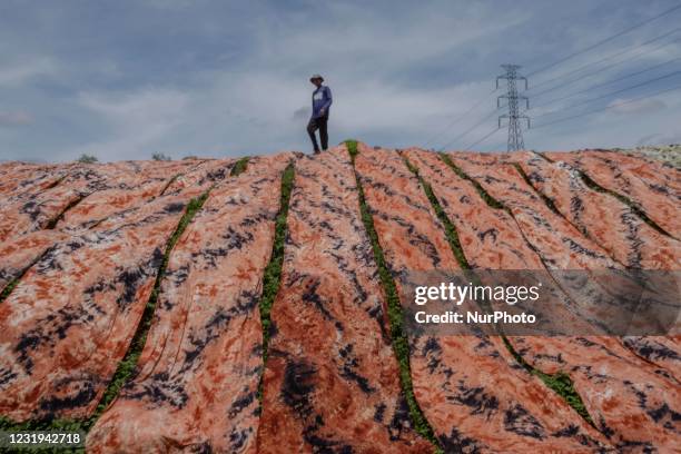 Worker dries cloths on the banks of the Bengawan Solo River in Central Java, Indonesia on March 26, 2021. Indonesia's economy contracted 2.07% in...