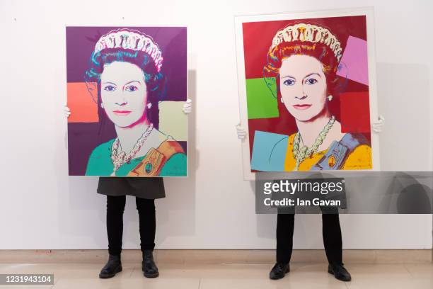 Queen Elizabeth II, from: Reigning Queens by Andy Warhol is displayed during preparations ahead of online sales at Christies Auction House on March...