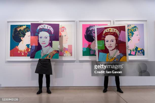 Queen Elizabeth II, from: Reigning Queens is displayed alongside Queen Margarethe II of Denmark, both by Andy Warhol during preparations ahead of...