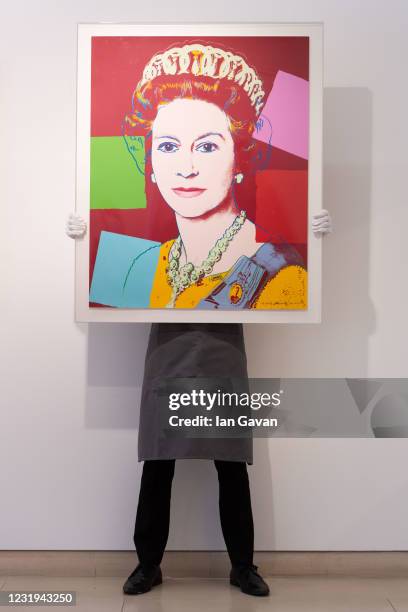 Queen Elizabeth II, from: Reigning Queens by Andy Warhol is displayed during preparations ahead of online sales at Christies Auction House on March...