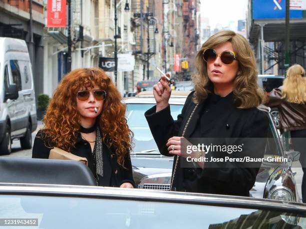 Natasha Lyonne and Annie Murphy are seen at the film set of the 'Russian Doll' TV Series on March 25, 2021 in New York City.