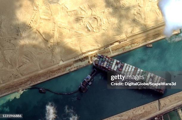 Maxar's WorldView-2 collected new high-resolution satellite imagery of the Suez canal and the container ship that remains stuck in the canal north of...