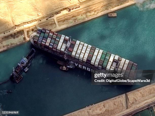 Maxar's WorldView-2 collected new high-resolution satellite imagery of the Suez canal and the container ship that remains stuck in the canal north of...