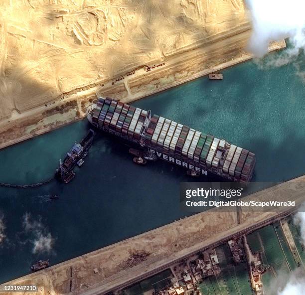 Maxars WorldView-2 collected new high-resolution satellite imagery of the Suez canal and the container ship that remains stuck in the canal north of...