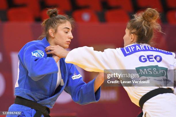 Nora Gjakova of Kosovo and Eter Liparteliani of Georgia fight for the -57kg gold medal during Tbilisi Grand Slam at New Sports Palace on March 26,...