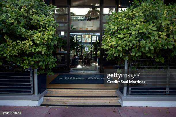 The front entrance of the Hotel Albion is seen on March 26, 2021 in Miami Beach, Florida. Last week, during spring break, 24-year-old Christine...