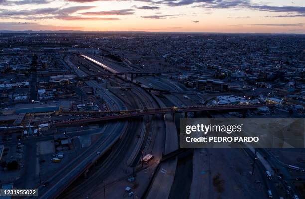 Aerial view of Paso del Norte International Border Bridge, which connects Ciudad Juarez, in the Mexican state of Chihuahua and El Paso, in the US...