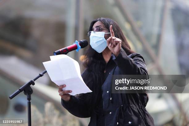 Seattle City Council Member Kshama Sawant speaks during a rally at the Amazon Spheres and headquarters in solidarity with Amazon workers in Bessemer,...