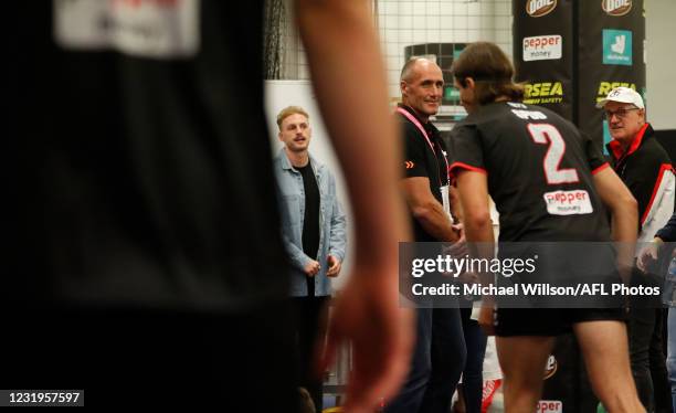 Tony Lockett looks on from the St Kilda locker room during the 2021 AFL Round 02 match between the St Kilda Saints and the Melbourne Demons at Marvel...