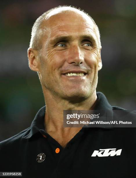 Tony Lockett is seen during the 2021 AFL Round 02 match between the St Kilda Saints and the Melbourne Demons at Marvel Stadium on March 27, 2021 in...