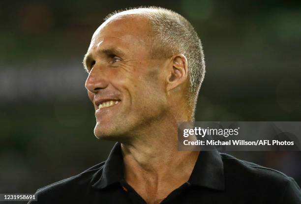 Tony Lockett is seen during the 2021 AFL Round 02 match between the St Kilda Saints and the Melbourne Demons at Marvel Stadium on March 27, 2021 in...