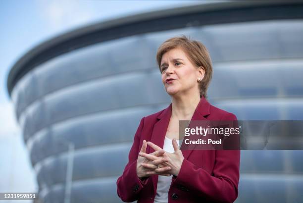 First Minister Nicola Sturgeon, leader of the Scottish National Party, speaks to the media outside the Covid 19 vaccination centre at the SSE Hydro...