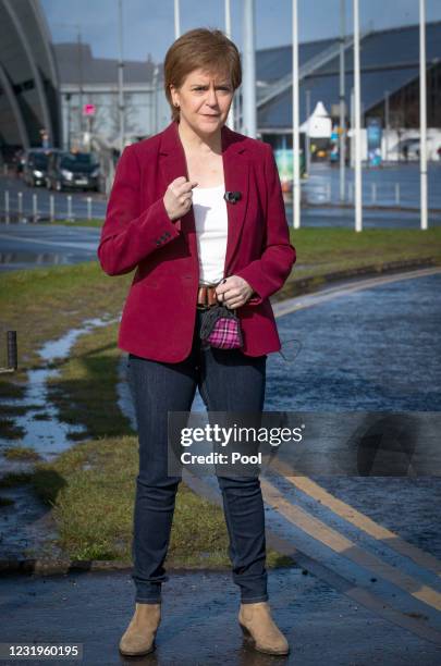 First Minister Nicola Sturgeon, leader of the Scottish National Party, speaks to the media outside the Covid 19 vaccination centre at the SSE Hydro...