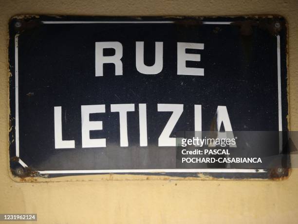 This photograph taken on March 27, 2021 shows a street sign "Rue Letizia" referring to Napoleon Bonaparte's mother, in Ajaccio, on the French...