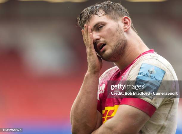 Harlequins' Will Evans looks dejected at the final whistle during the Gallagher Premiership Rugby match between Bristol and Harlequins at Ashton Gate...