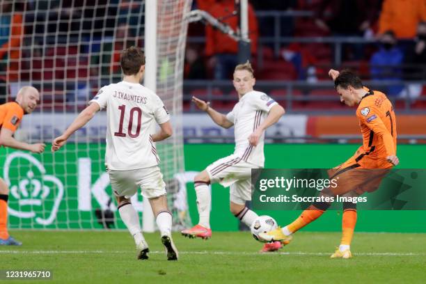 Steven Berghuis of Holland scores the first goal to make it 1-0 during the World Cup Qualifier match between Holland v Latvia at the Johan Cruijff...