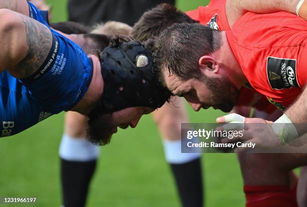 Dublin , Ireland - 27 March 2021; Andrew Porter of Leinster and James Cronin of Munster prepare to engage in a scrum during the Guinness PRO14 Final...