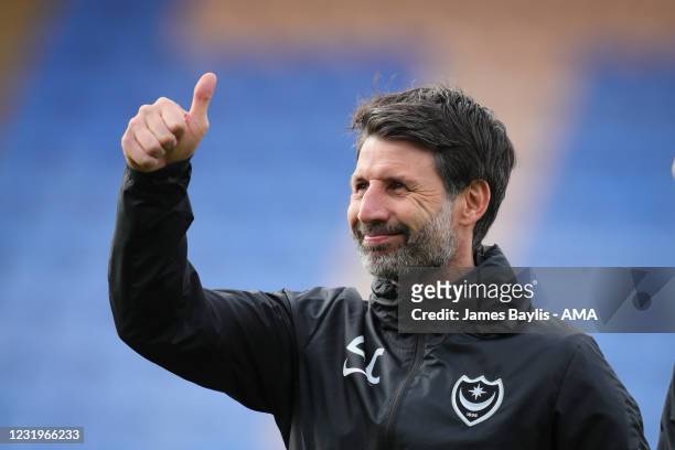 Danny Cowley the head coach / manager of Portsmouth during the Sky Bet League One match between Shrewsbury Town and Portsmouth at Montgomery Waters...