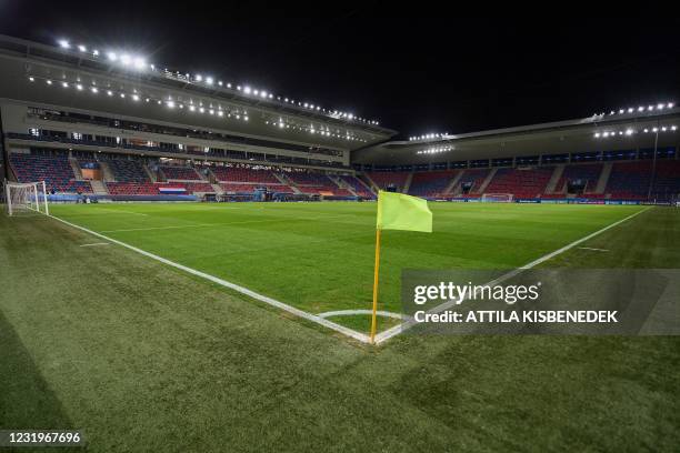 The corner flag flies in the wind prior to the UEFA Under21 Championship group stage football match Germany vs Netherlands at the Sostoi Stadion in...