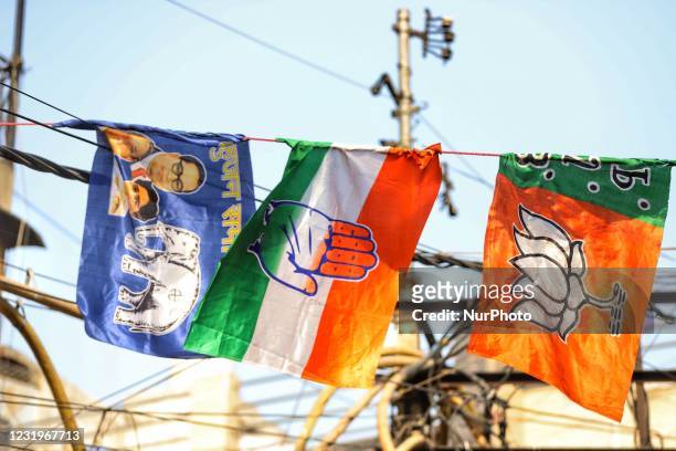 Bharatiya Janata Party , Indian National Congress and Bahujan Samaj Party Flags are seen together at a Flag Printing market in Old Delhi, India on 27...