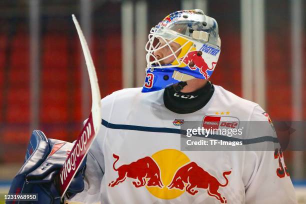 Danny aus den Birken of EHC Red Bull Muenchen looks during the DEL match between Iserlohn Roosters and EHC Red Bull München on March 23, 2021 in...