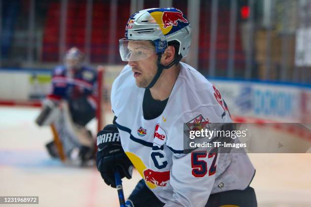 Patrick Hager of EHC Red Bull Muenchen looks during the DEL match between Iserlohn Roosters and EHC Red Bull München on March 23, 2021 in Iserlohn,...