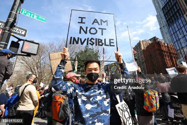 Asian Americans are gathered at the City Hall to protest Asian-Hate over Atlanta Spa shooting in New York City, United States on March 27, 2021.